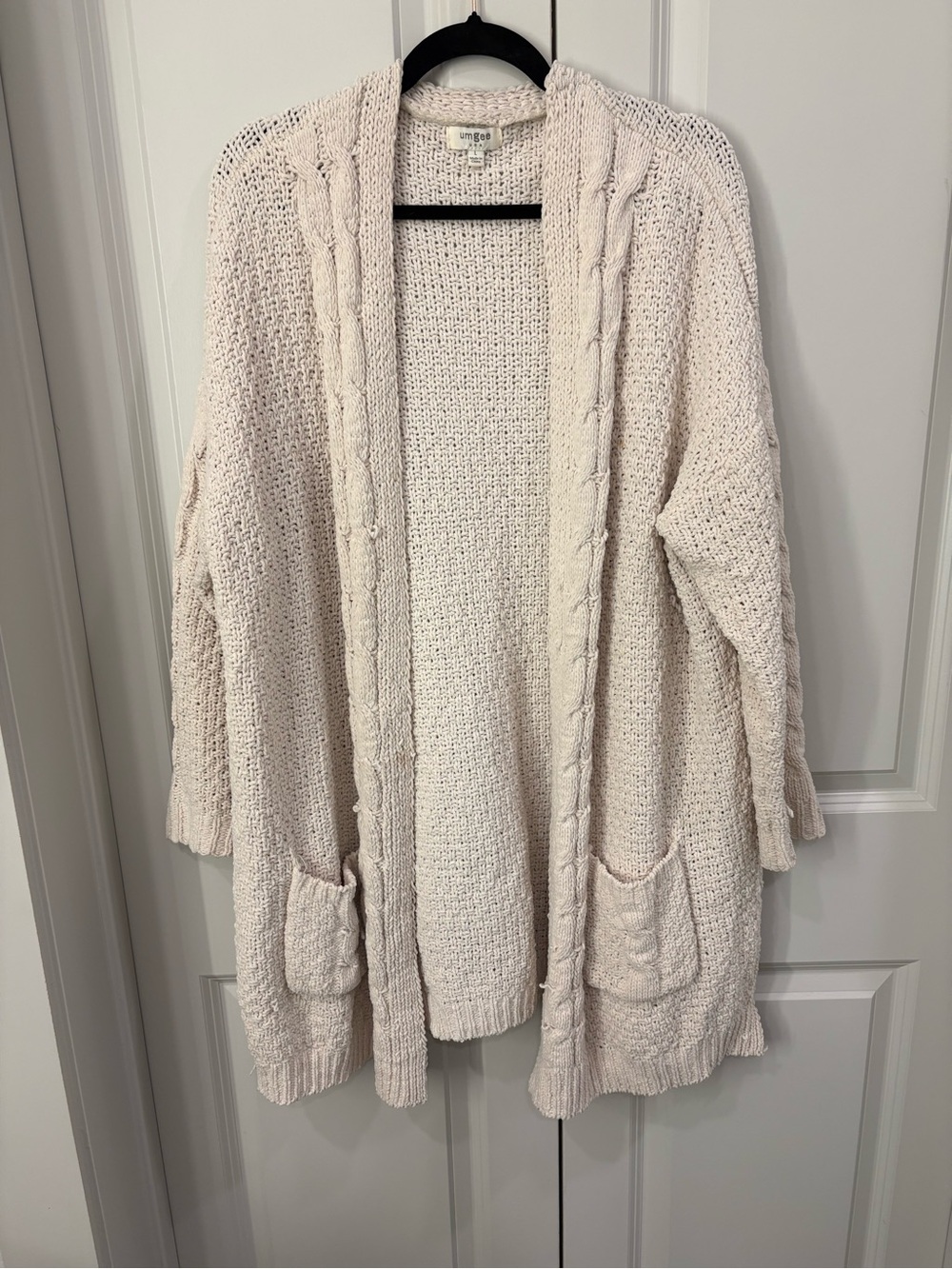 Umgee Cream Open Front Cable-Trim Pocket Cardigan